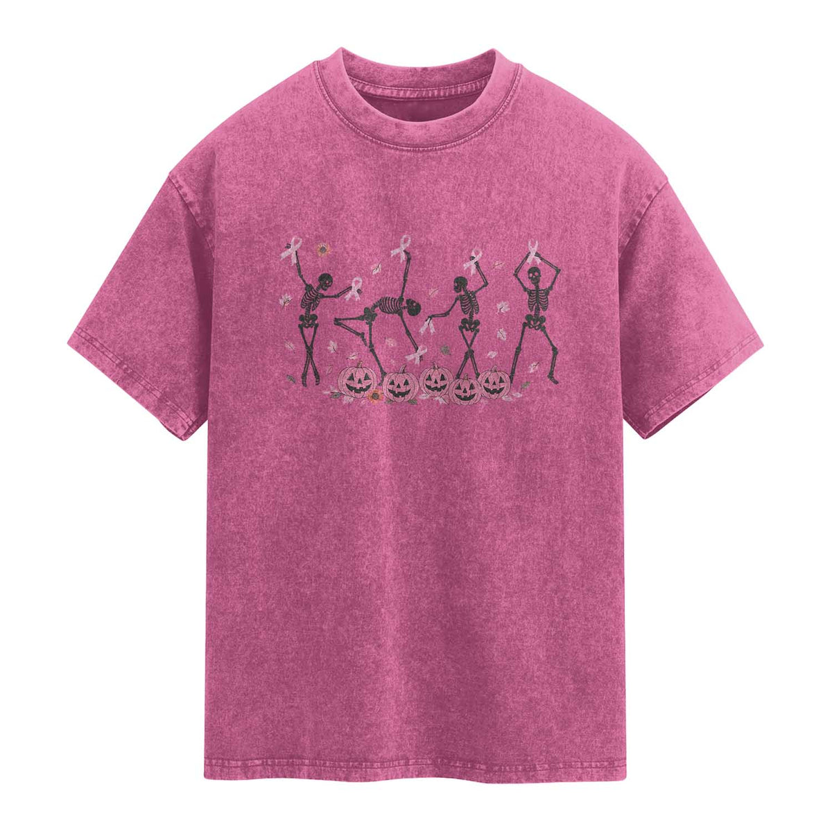 Dancing Skeletons Breast Cancer Washed Cotton T-Shirt Skeleton Pink Ribbon Halloween