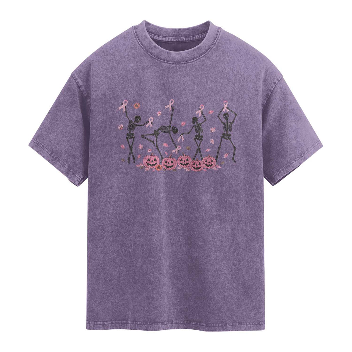 Dancing Skeletons Breast Cancer Washed Cotton T-Shirt Skeleton Pink Ribbon Halloween