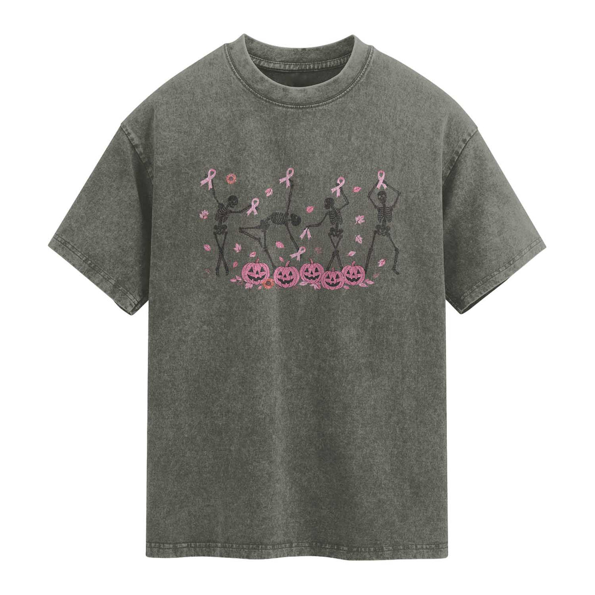 Dancing Skeletons Breast Cancer Washed Cotton T-Shirt Skeleton Pink Ribbon Halloween