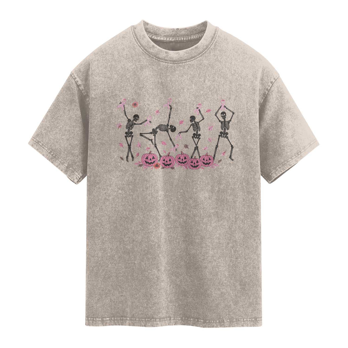 Dancing Skeletons Breast Cancer Washed Cotton T-Shirt Skeleton Pink Ribbon Halloween