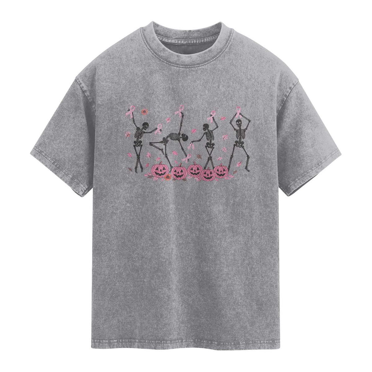 Dancing Skeletons Breast Cancer Washed Cotton T-Shirt Skeleton Pink Ribbon Halloween