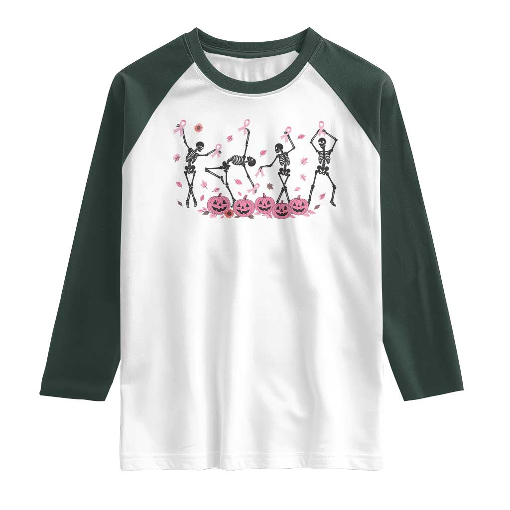 Dancing Skeletons Breast Cancer Raglan Shirt Skeleton Pink Ribbon Halloween TS10 White Dark Forest Green Print Your Wear