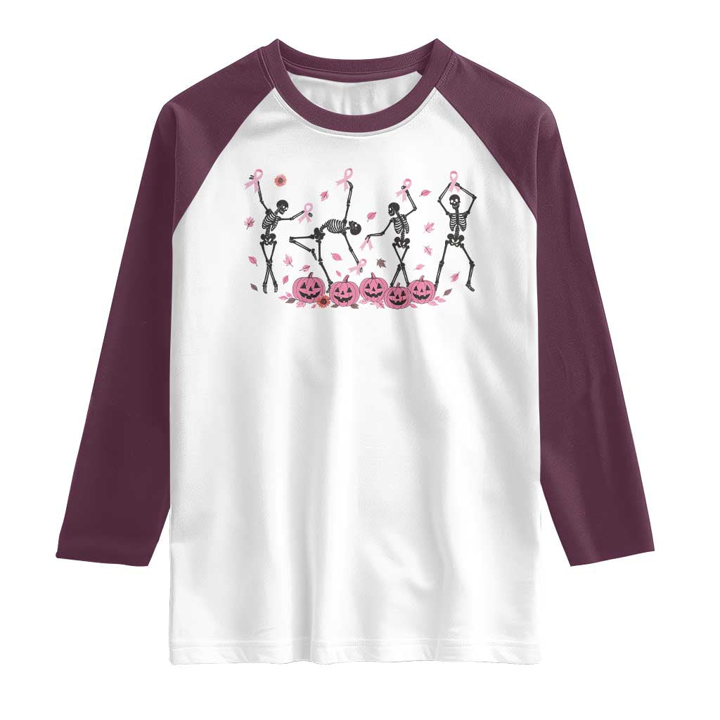 Dancing Skeletons Breast Cancer Raglan Shirt Skeleton Pink Ribbon Halloween TS10 White Maroon Print Your Wear