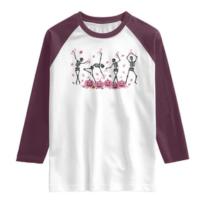 Dancing Skeletons Breast Cancer Raglan Shirt Skeleton Pink Ribbon Halloween TS10 White Maroon Print Your Wear