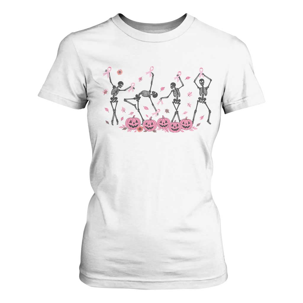 Dancing Skeletons Breast Cancer T Shirt For Women Skeleton Pink Ribbon Halloween TS10 White Print Your Wear