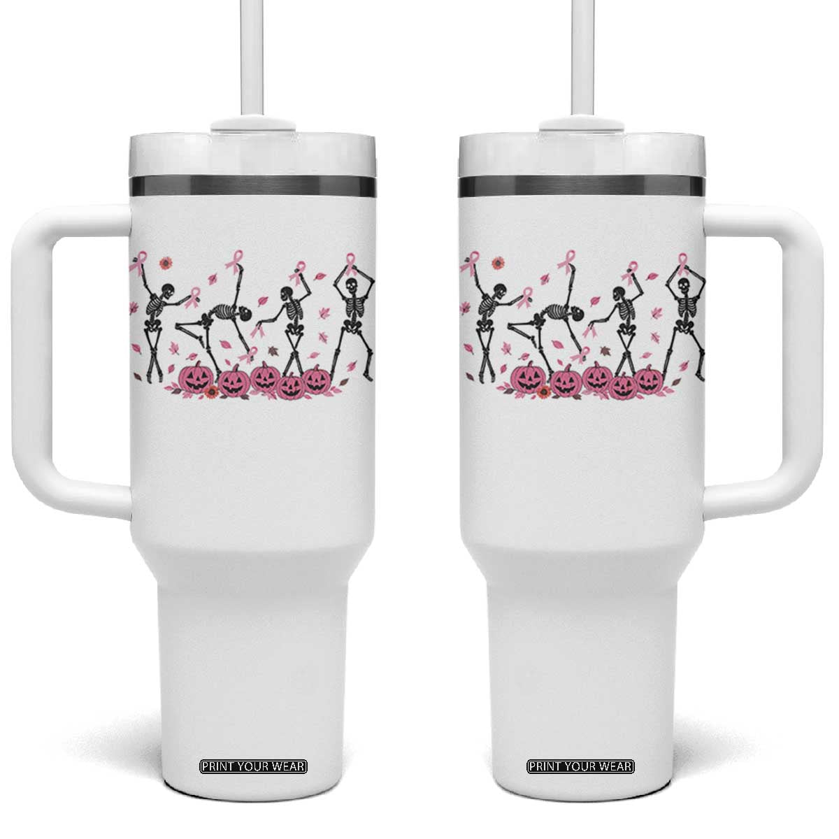 Dancing Skeletons Breast Cancer Tumbler With Handle Skeleton Pink Ribbon Halloween TS10 One Size: 40 oz White Print Your Wear