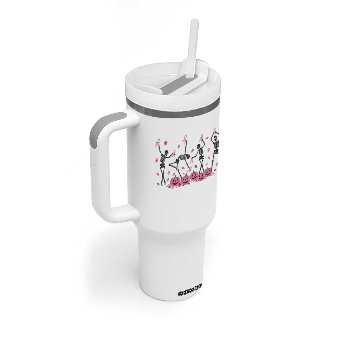 Dancing Skeletons Breast Cancer Tumbler With Handle Skeleton Pink Ribbon Halloween TS10 Print Your Wear