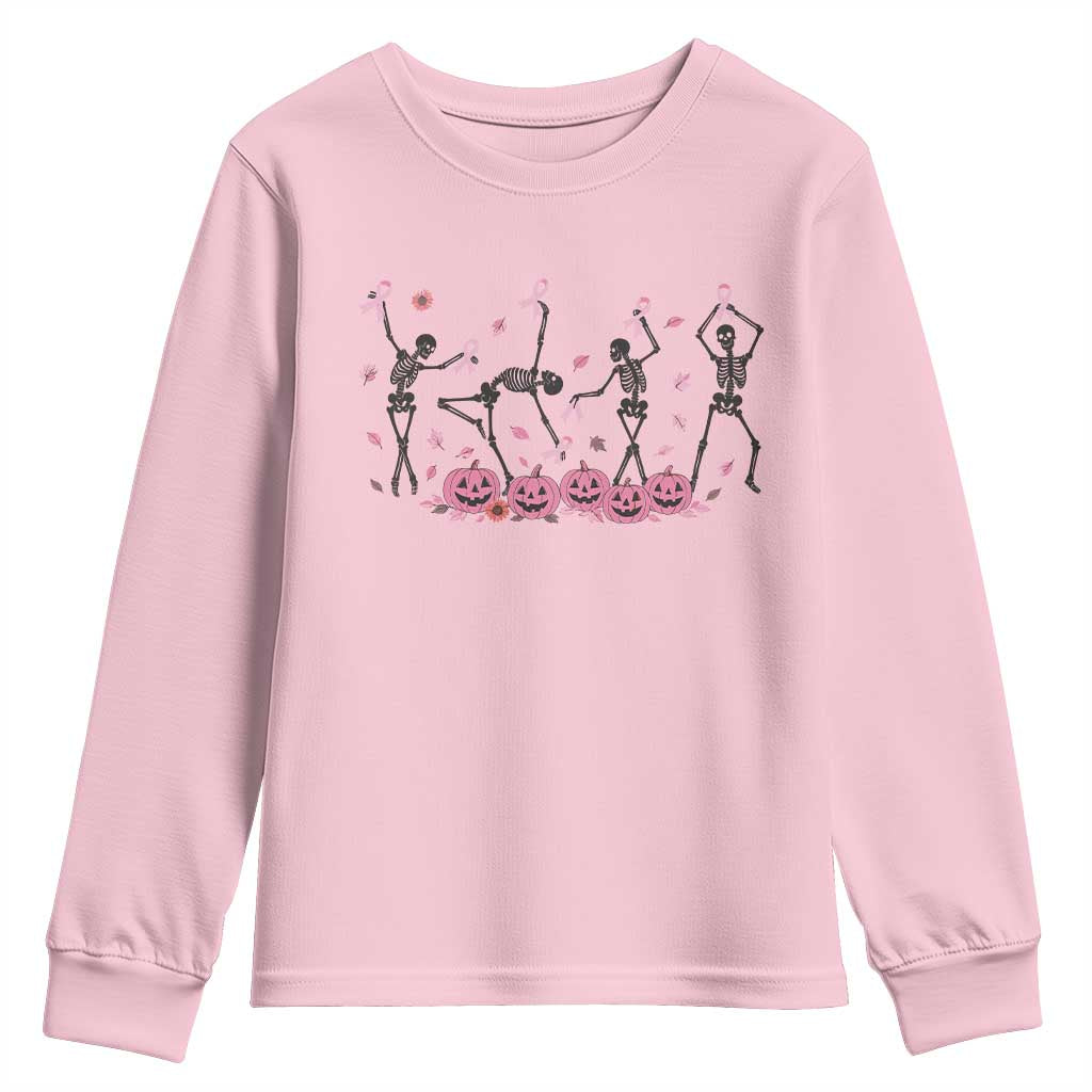 Dancing Skeletons Breast Cancer Youth Sweatshirt Skeleton Pink Ribbon Halloween TS10 Light Pink Print Your Wear