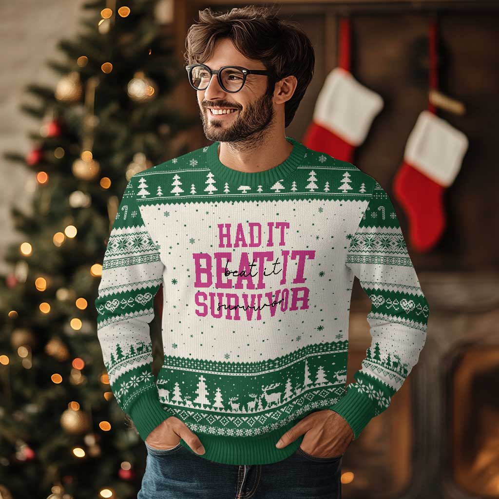 Breast Cancer Support Ugly Christmas Sweater Had it Beat it Survivor Gift TS10 Beige Green Print Your Wear