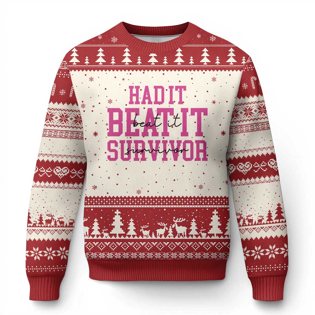Breast Cancer Support Ugly Christmas Sweater Had it Beat it Survivor Gift TS10 Beige Red Print Your Wear