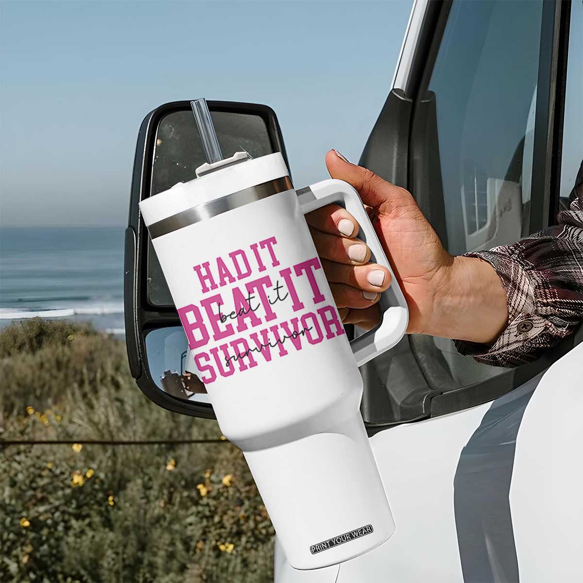 Breast Cancer Support Tumbler With Handle Had it Beat it Survivor Gift TS10 Print Your Wear