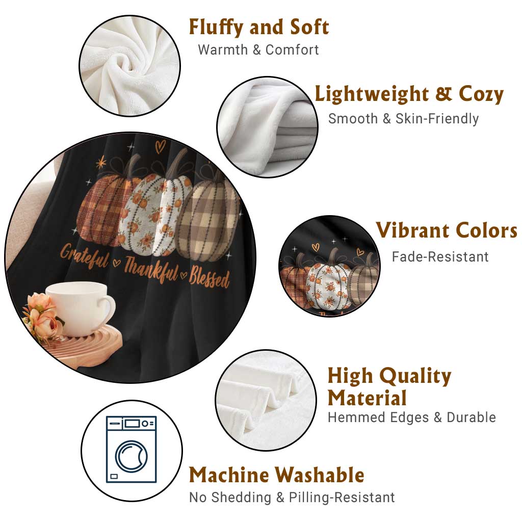 Grateful Thankful Blessed Pumpkin Throw Blanket Hello Thanksgiving Cozy Fall Autumn Rustic TS10 Print Your Wear