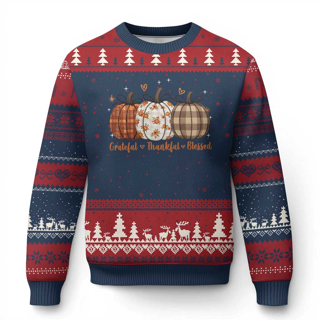 Grateful Thankful Blessed Pumpkin Ugly Christmas Sweater Hello Thanksgiving Cozy Fall Autumn Rustic TS10 Navy Red Print Your Wear