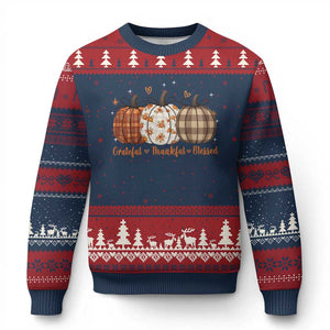 Grateful Thankful Blessed Pumpkin Ugly Christmas Sweater Hello Thanksgiving Cozy Fall Autumn Rustic TS10 Navy Red Print Your Wear