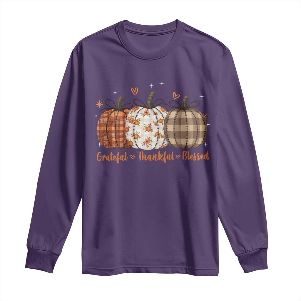 Grateful Thankful Blessed Pumpkin Long Sleeve Shirt Hello Thanksgiving Cozy Fall Autumn Rustic TS10 Purple Print Your Wear
