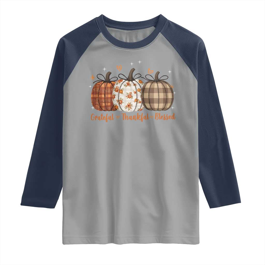 Grateful Thankful Blessed Pumpkin Raglan Shirt Hello Thanksgiving Cozy Fall Autumn Rustic TS10 Sport Gray Navy Print Your Wear