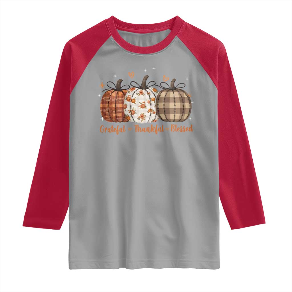 Grateful Thankful Blessed Pumpkin Raglan Shirt Hello Thanksgiving Cozy Fall Autumn Rustic TS10 Sport Gray Red Print Your Wear