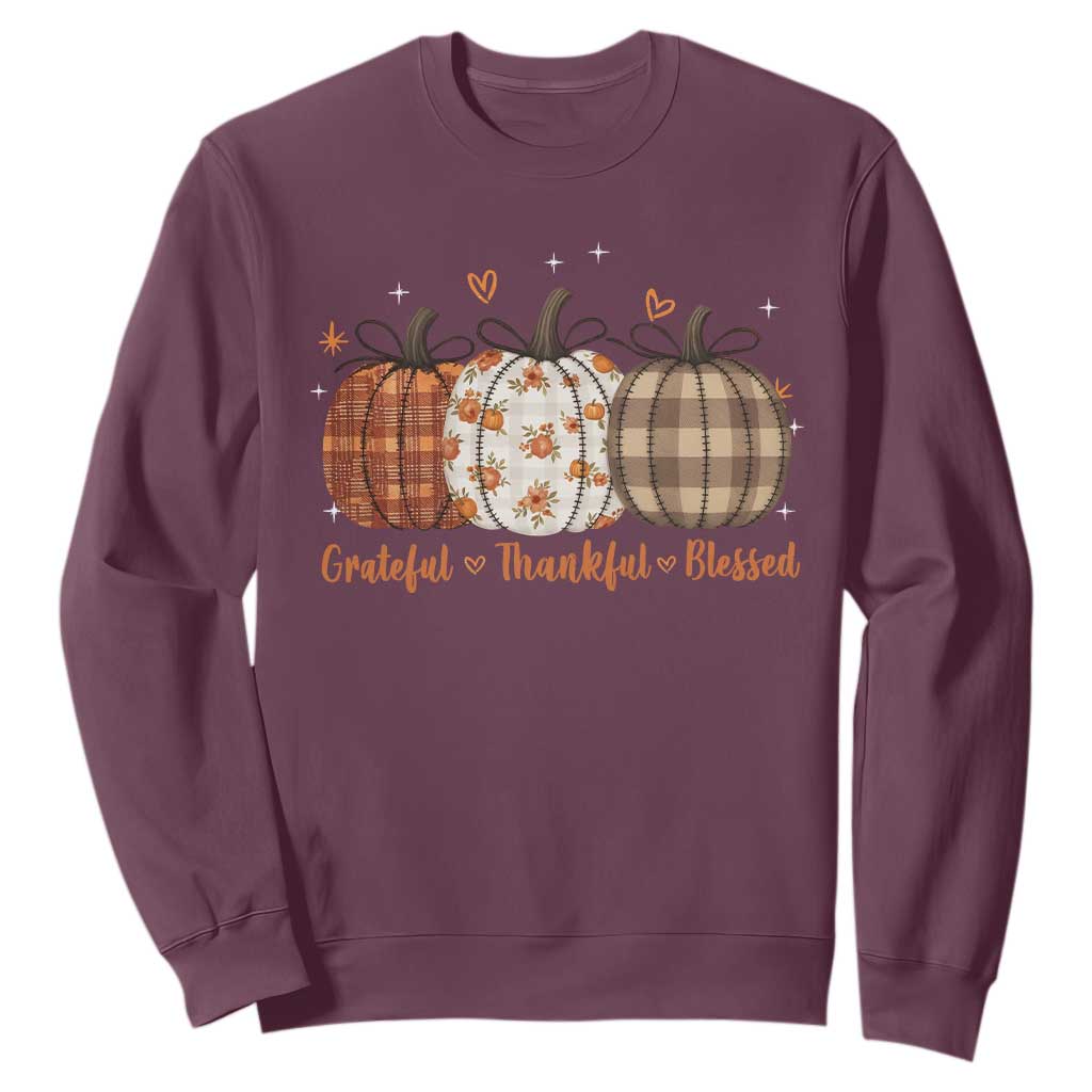 Grateful Thankful Blessed Pumpkin Sweatshirt Hello Thanksgiving Cozy Fall Autumn Rustic TS10 Maroon Print Your Wear