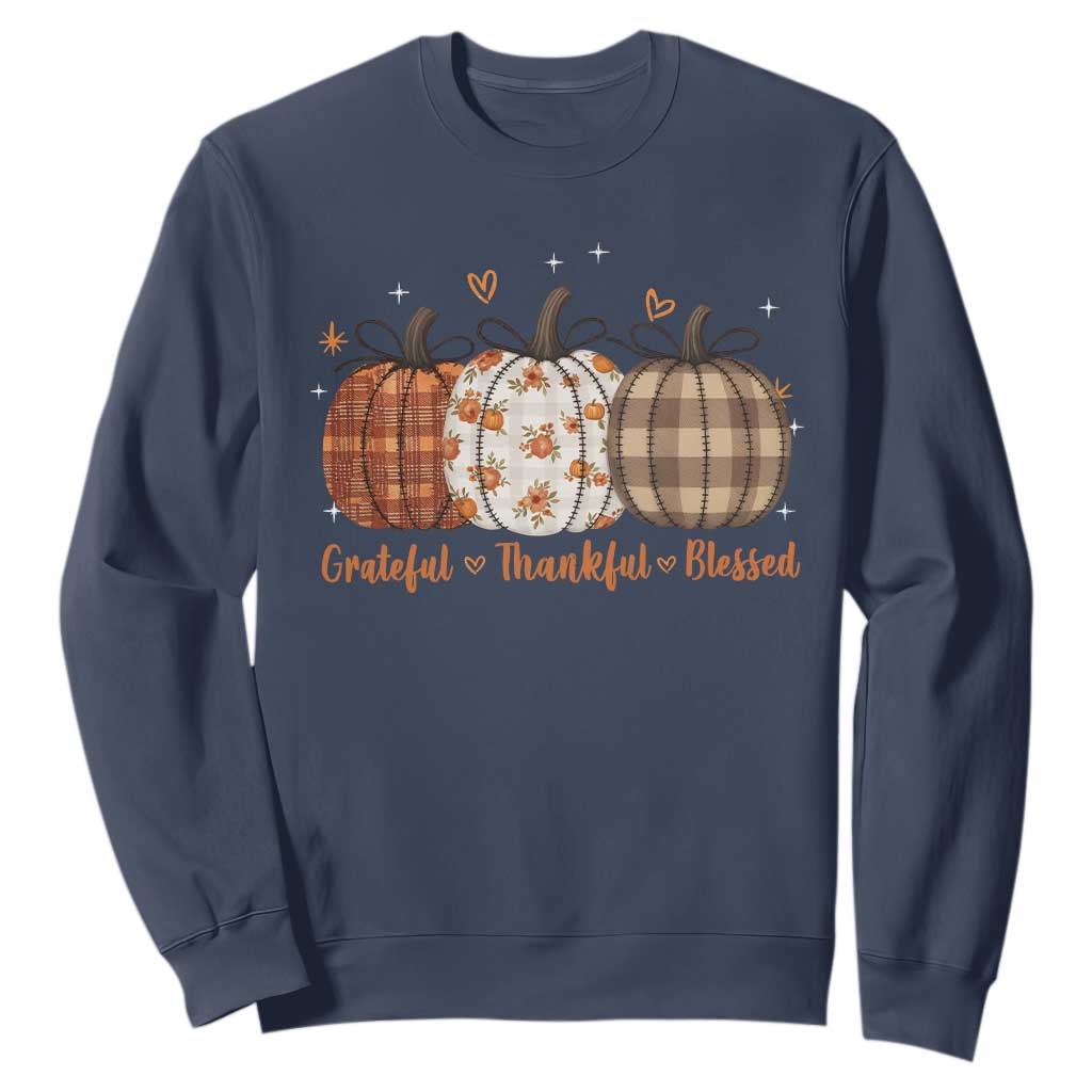Grateful Thankful Blessed Pumpkin Sweatshirt Hello Thanksgiving Cozy Fall Autumn Rustic TS10 Navy Print Your Wear
