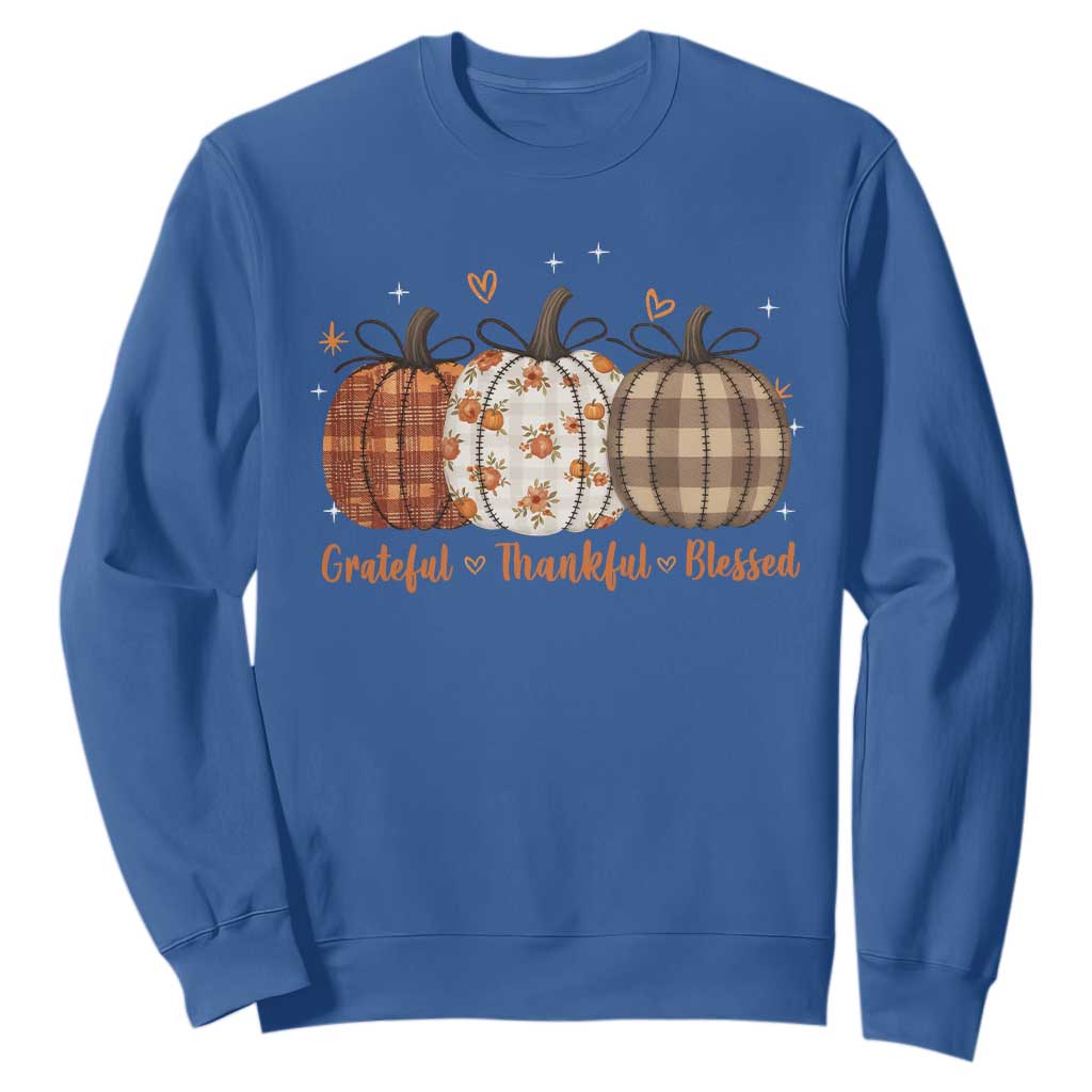 Grateful Thankful Blessed Pumpkin Sweatshirt Hello Thanksgiving Cozy Fall Autumn Rustic TS10 Royal Blue Print Your Wear