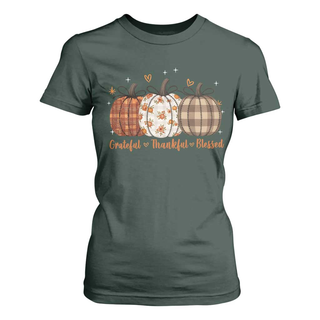 Grateful Thankful Blessed Pumpkin T Shirt For Women Hello Thanksgiving Cozy Fall Autumn Rustic TS10 Dark Forest Green Print Your Wear