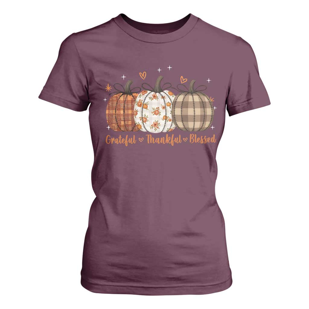 Grateful Thankful Blessed Pumpkin T Shirt For Women Hello Thanksgiving Cozy Fall Autumn Rustic TS10 Maroon Print Your Wear