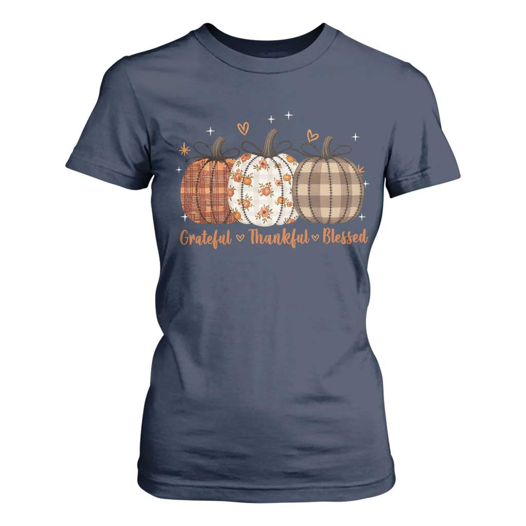 Grateful Thankful Blessed Pumpkin T Shirt For Women Hello Thanksgiving Cozy Fall Autumn Rustic TS10 Navy Print Your Wear