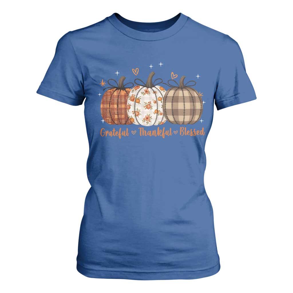 Grateful Thankful Blessed Pumpkin T Shirt For Women Hello Thanksgiving Cozy Fall Autumn Rustic TS10 Royal Blue Print Your Wear