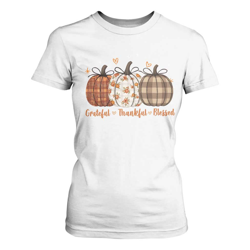 Grateful Thankful Blessed Pumpkin T Shirt For Women Hello Thanksgiving Cozy Fall Autumn Rustic TS10 White Print Your Wear