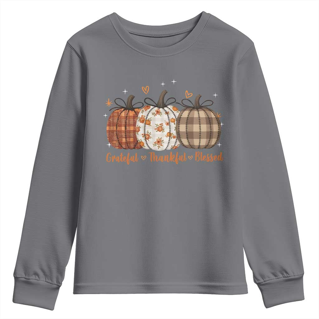Grateful Thankful Blessed Pumpkin Youth Sweatshirt Hello Thanksgiving Cozy Fall Autumn Rustic TS10 Charcoal Print Your Wear