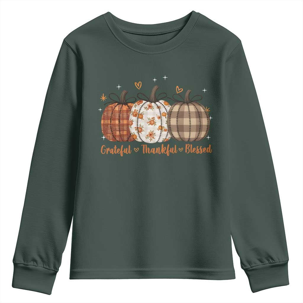 Grateful Thankful Blessed Pumpkin Youth Sweatshirt Hello Thanksgiving Cozy Fall Autumn Rustic TS10 Dark Forest Green Print Your Wear