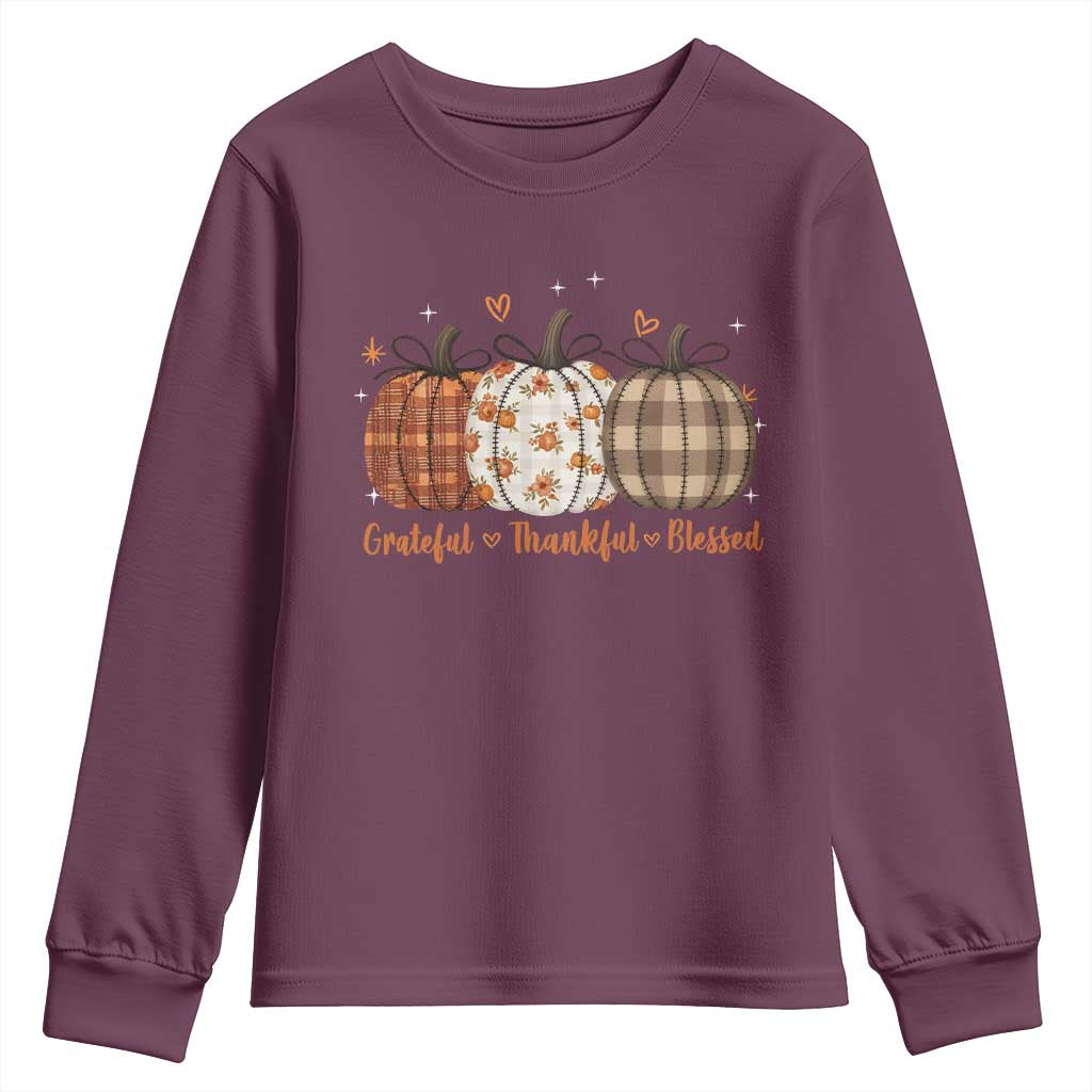 Grateful Thankful Blessed Pumpkin Youth Sweatshirt Hello Thanksgiving Cozy Fall Autumn Rustic TS10 Maroon Print Your Wear