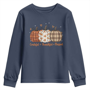 Grateful Thankful Blessed Pumpkin Youth Sweatshirt Hello Thanksgiving Cozy Fall Autumn Rustic TS10 Navy Print Your Wear