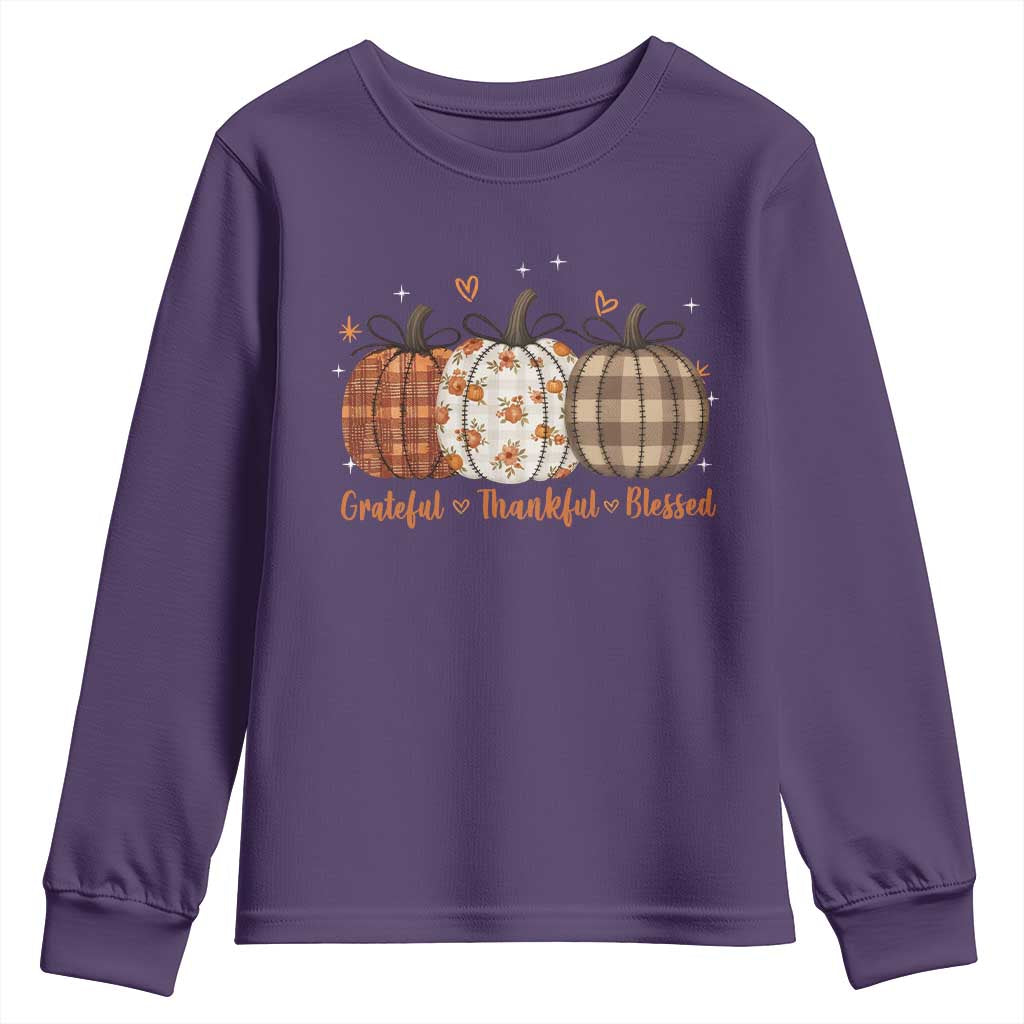 Grateful Thankful Blessed Pumpkin Youth Sweatshirt Hello Thanksgiving Cozy Fall Autumn Rustic TS10 Purple Print Your Wear
