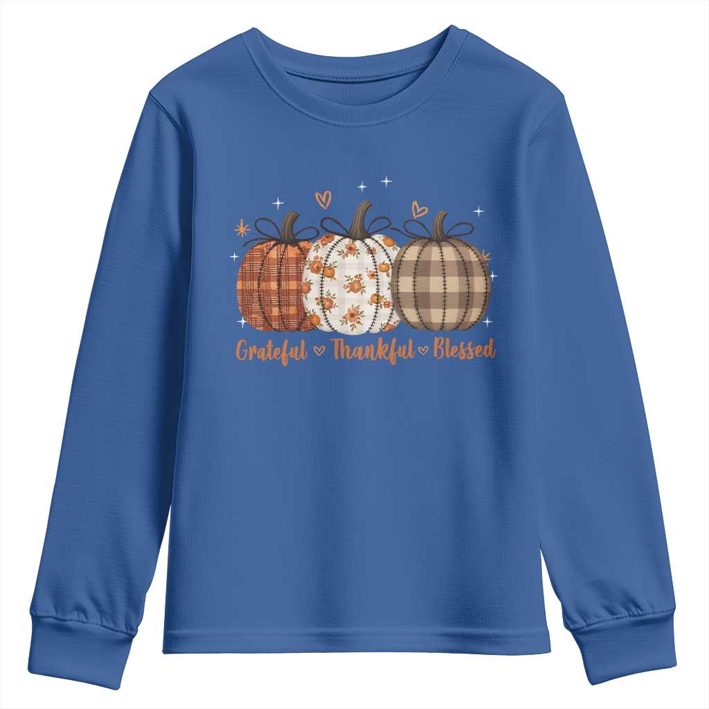 Grateful Thankful Blessed Pumpkin Youth Sweatshirt Hello Thanksgiving Cozy Fall Autumn Rustic TS10 Royal Blue Print Your Wear