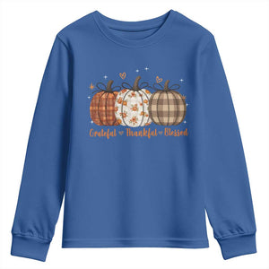 Grateful Thankful Blessed Pumpkin Youth Sweatshirt Hello Thanksgiving Cozy Fall Autumn Rustic TS10 Royal Blue Print Your Wear