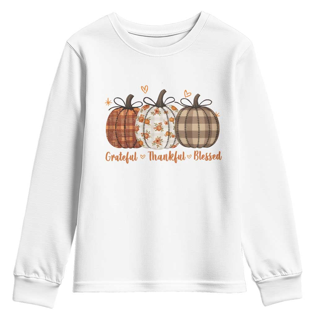 Grateful Thankful Blessed Pumpkin Youth Sweatshirt Hello Thanksgiving Cozy Fall Autumn Rustic TS10 White Print Your Wear