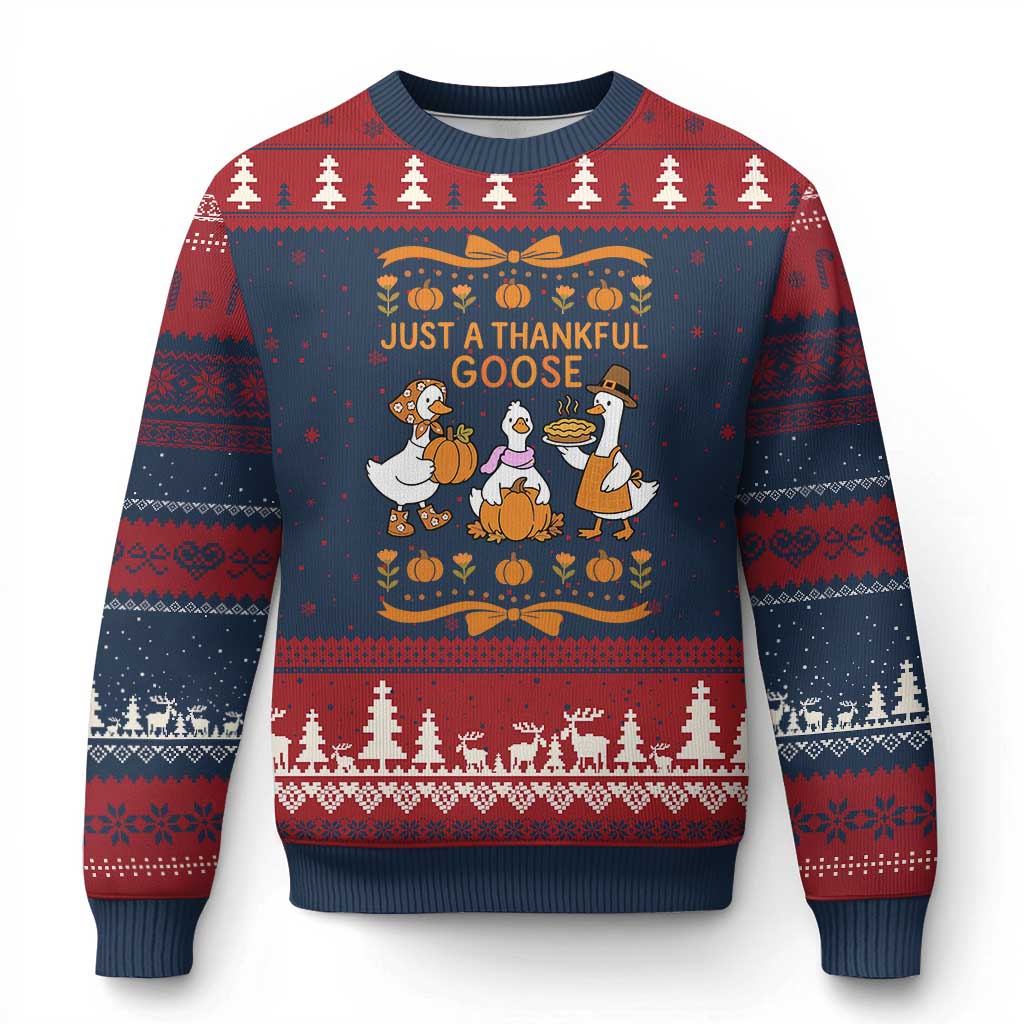 Just a Thankful Goose Ugly Christmas Sweater Thanksgiving Silly Gooses TS10 Navy Red Print Your Wear