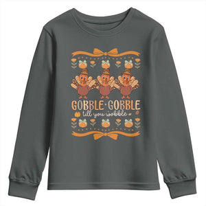 Gobble Gobble Till You Wobble Youth Sweatshirt Funny Thanksgiving Turkey TS10 Dark Heather Print Your Wear