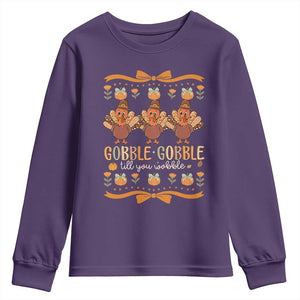 Gobble Gobble Till You Wobble Youth Sweatshirt Funny Thanksgiving Turkey TS10 Purple Print Your Wear