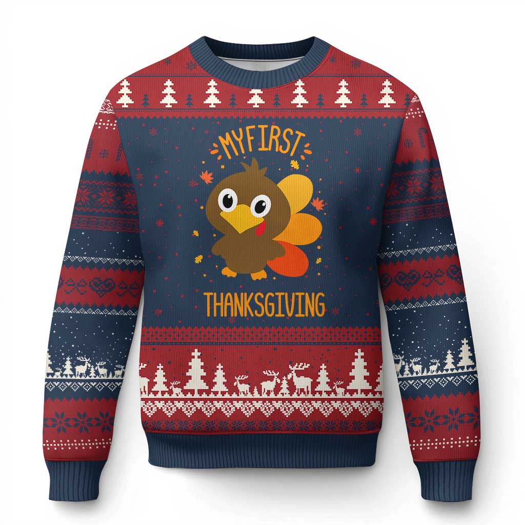 My First Thanksgiving Ugly Christmas Sweater Funny Thanksgiving Turkey TS10 Navy Red Print Your Wear
