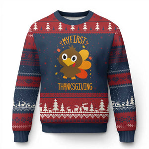 My First Thanksgiving Ugly Christmas Sweater Funny Thanksgiving Turkey TS10 Navy Red Print Your Wear