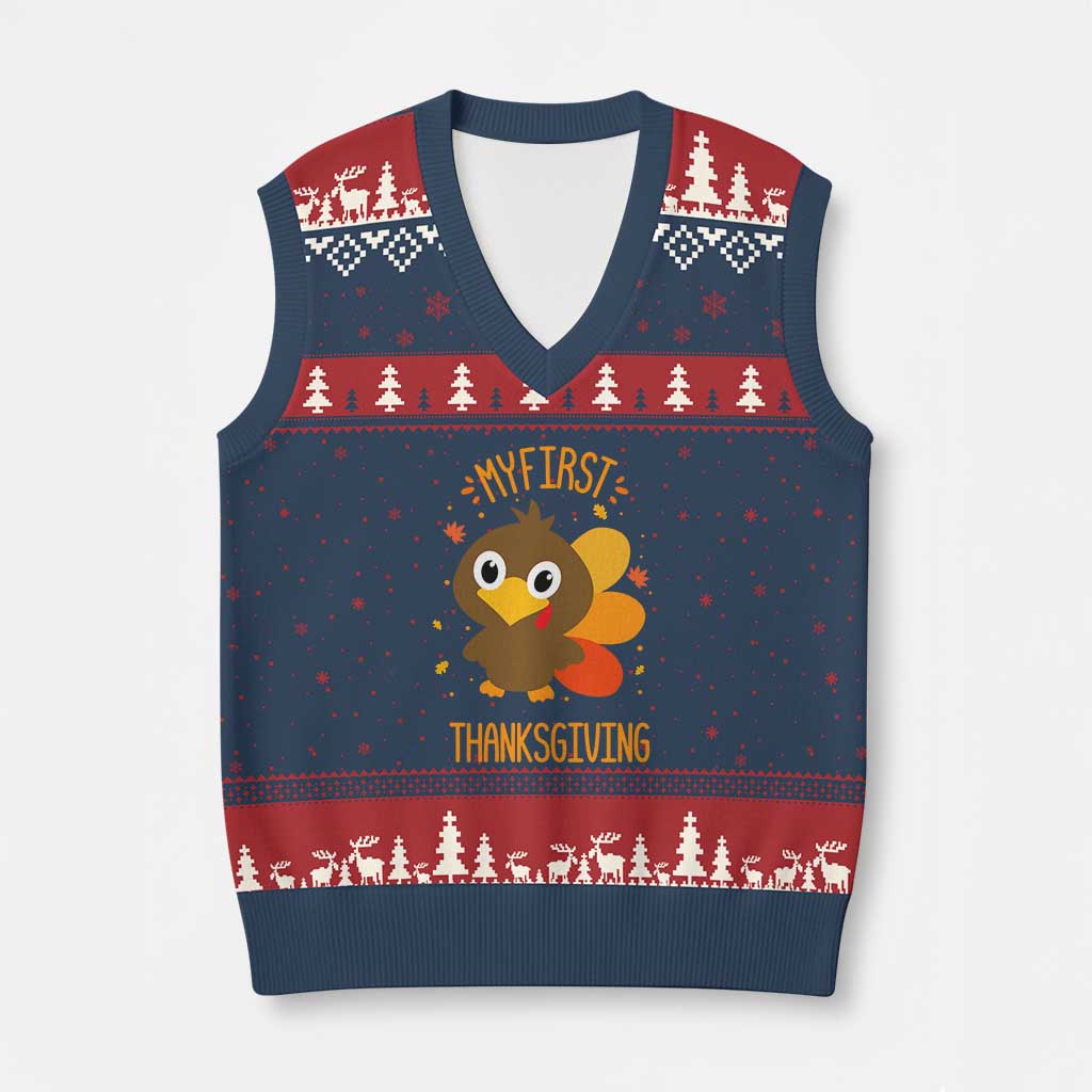 My First Thanksgiving V-Neck Knit Sweater Vest Funny Thanksgiving Turkey TS10 Navy Red Print Your Wear