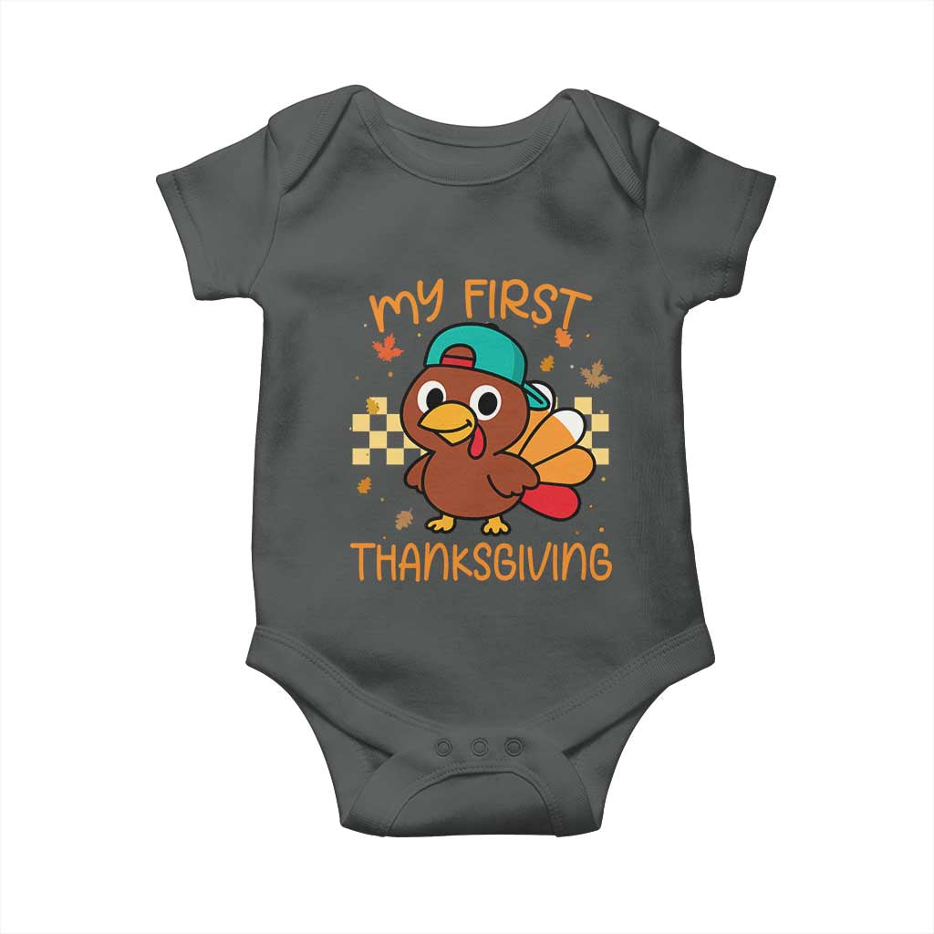My First Thanksgiving Baby Onesie Funny Newborn Thanksgiving Turkey Boys TS10 Dark Heather Print Your Wear