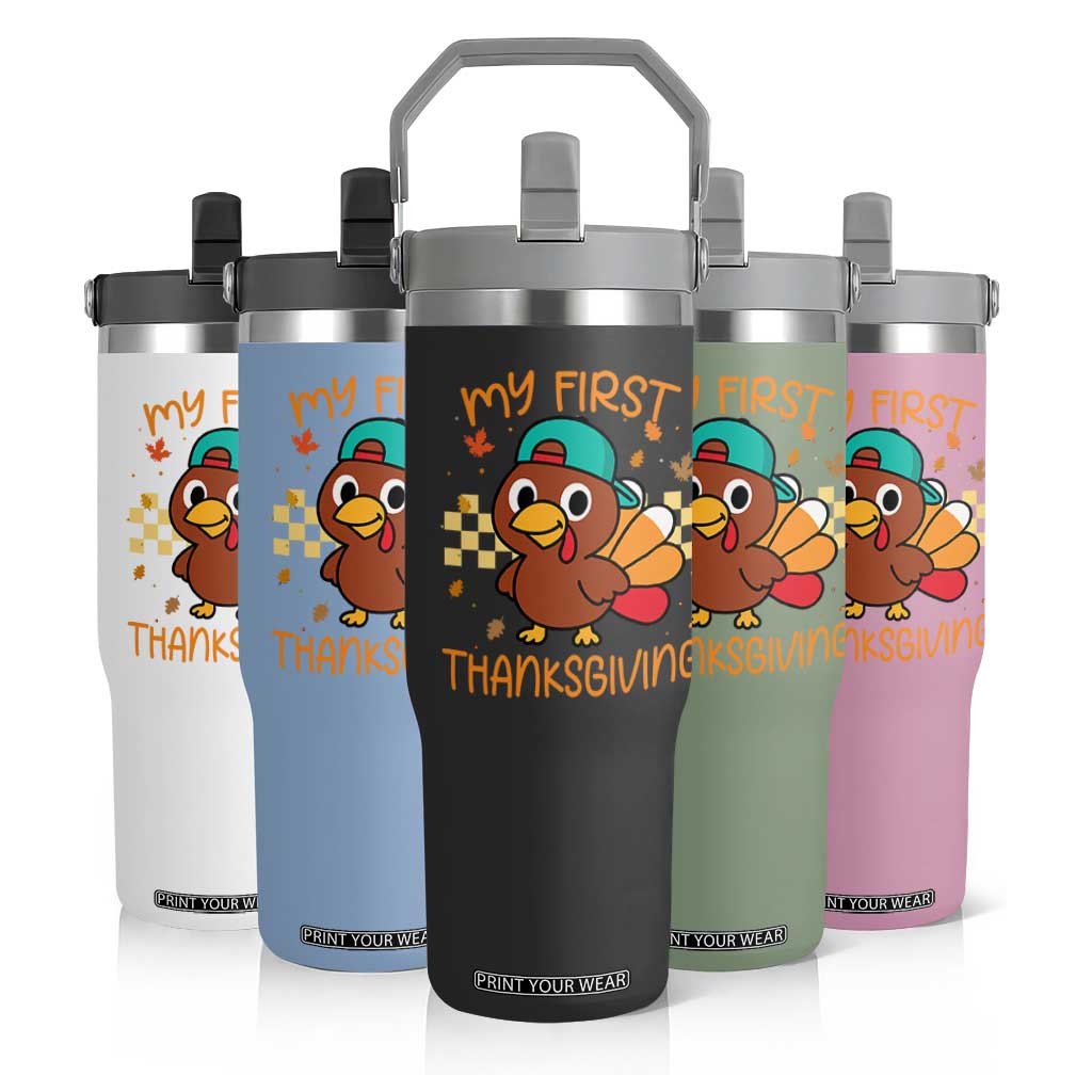 My First Thanksgiving Flip Straw Tumbler Funny Newborn Thanksgiving Turkey Boys TS10 Print Your Wear