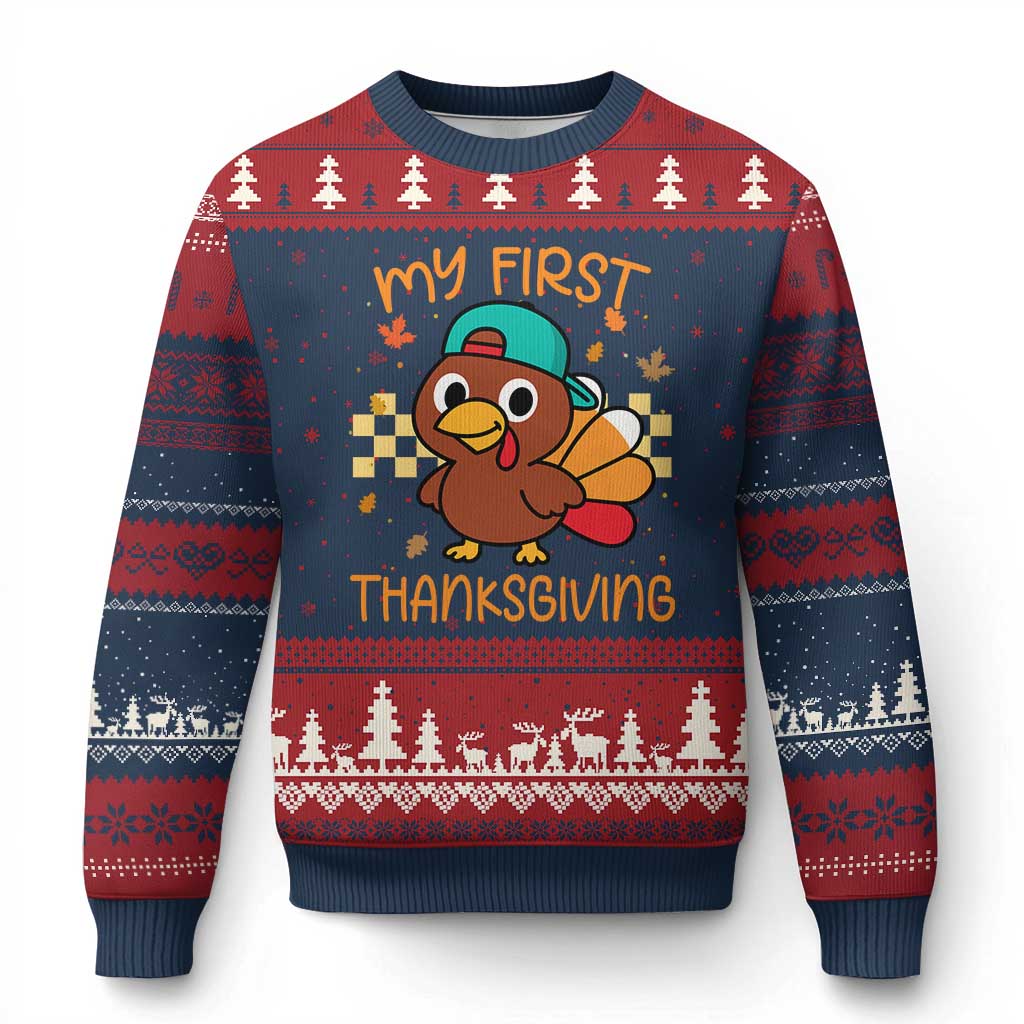 My First Thanksgiving Ugly Christmas Sweater Funny Newborn Thanksgiving Turkey Boys TS10 Navy Red Print Your Wear