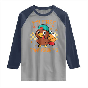 My First Thanksgiving Raglan Shirt Funny Newborn Thanksgiving Turkey Boys TS10 Sport Gray Navy Print Your Wear