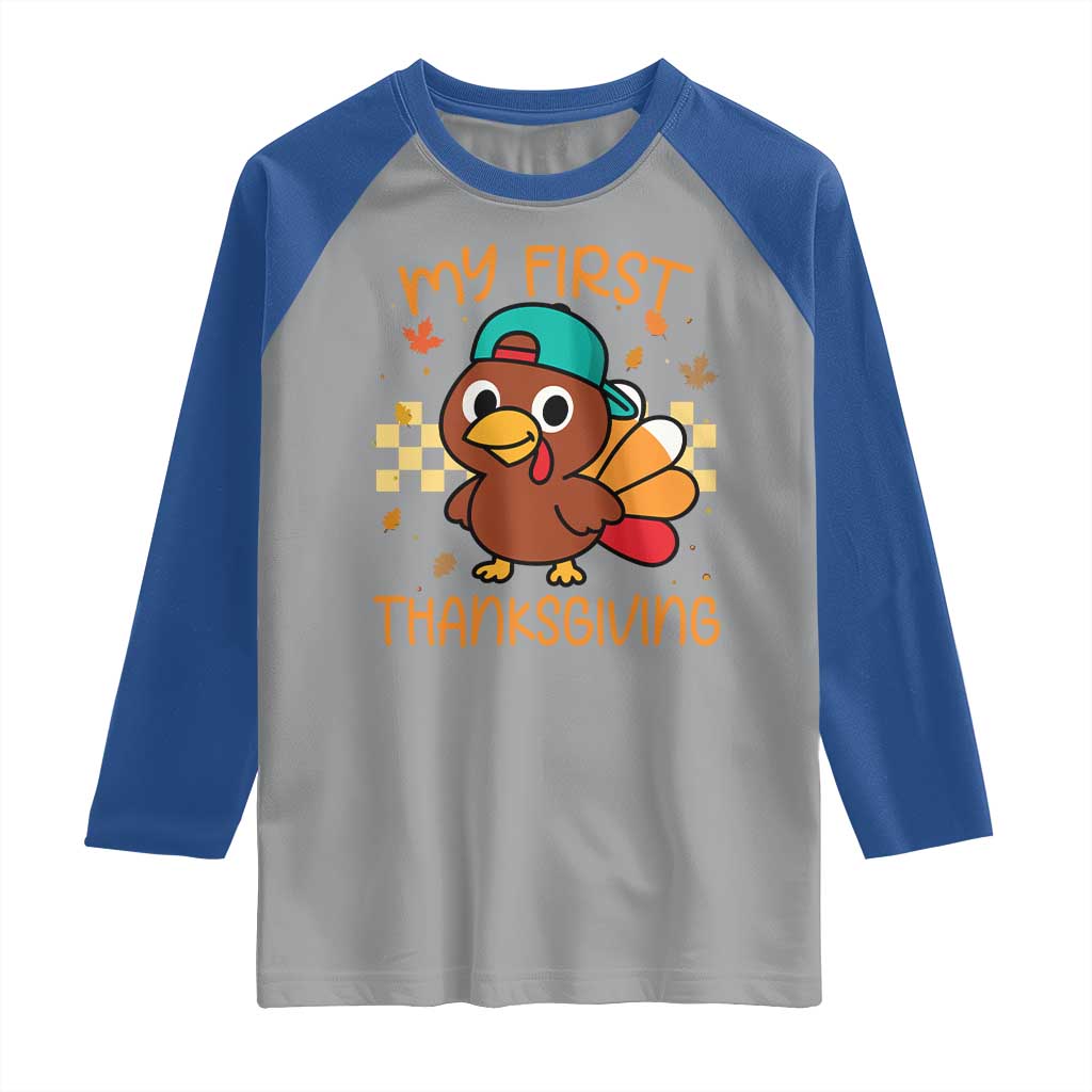 My First Thanksgiving Raglan Shirt Funny Newborn Thanksgiving Turkey Boys TS10 Sport Gray Royal Print Your Wear