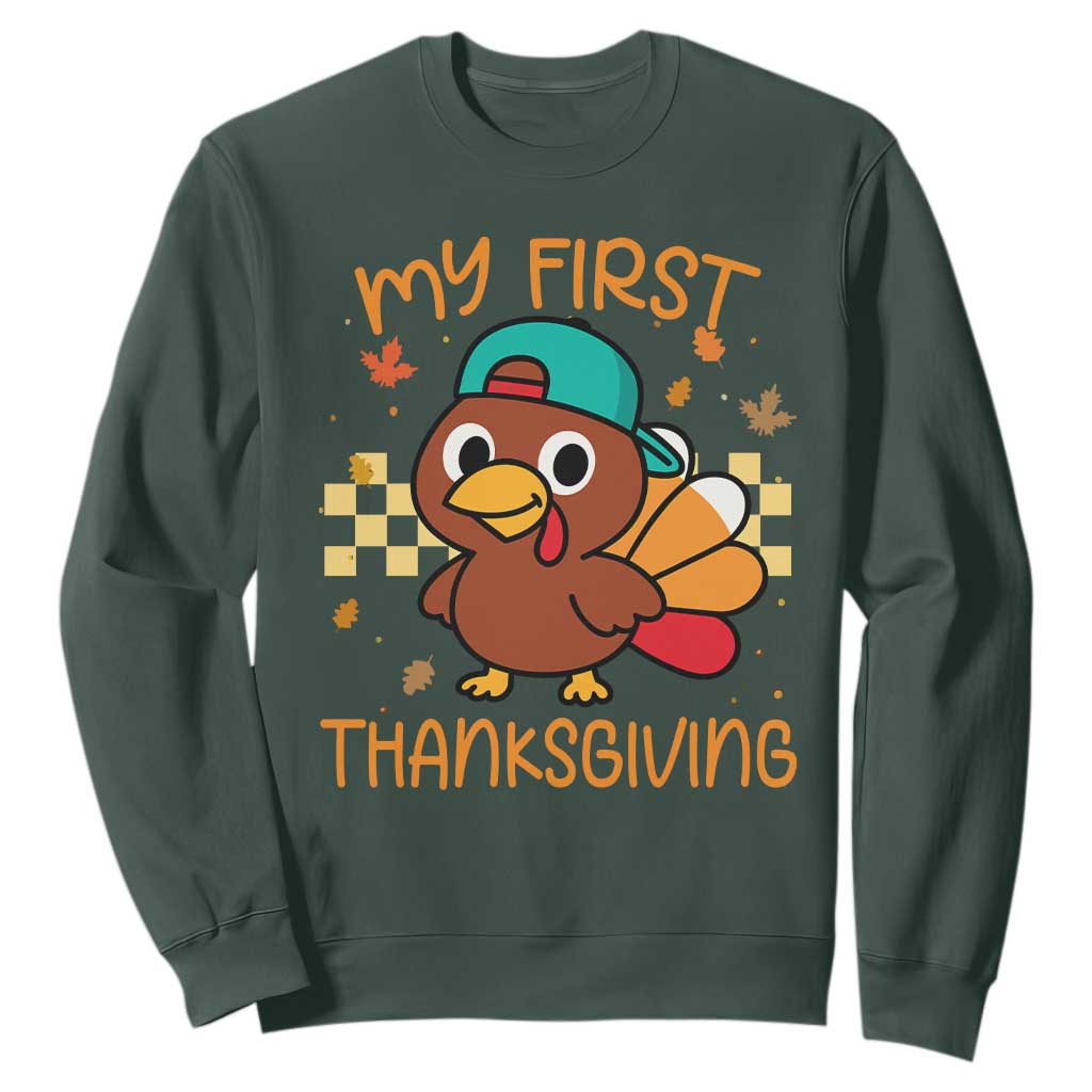 My First Thanksgiving Sweatshirt Funny Newborn Thanksgiving Turkey Boys TS10 Dark Forest Green Print Your Wear