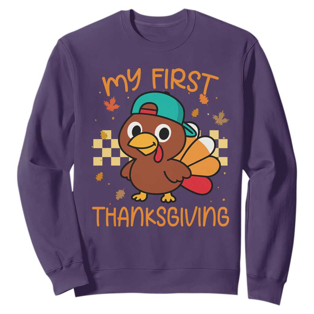 My First Thanksgiving Sweatshirt Funny Newborn Thanksgiving Turkey Boys TS10 Purple Print Your Wear
